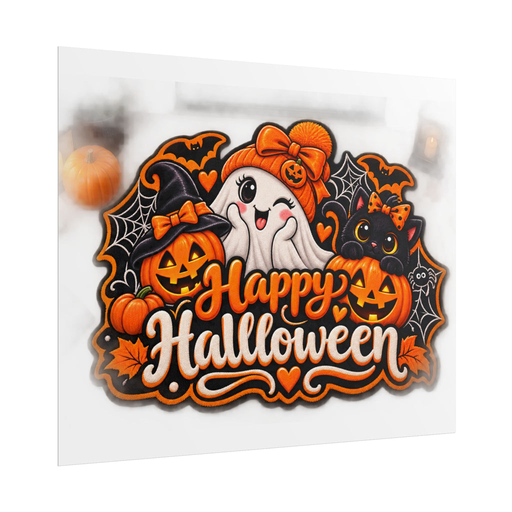 Happy Halloween Rolled Poster — Cute Ghost, Pumpkins & Black Cat Halloween Wall Art