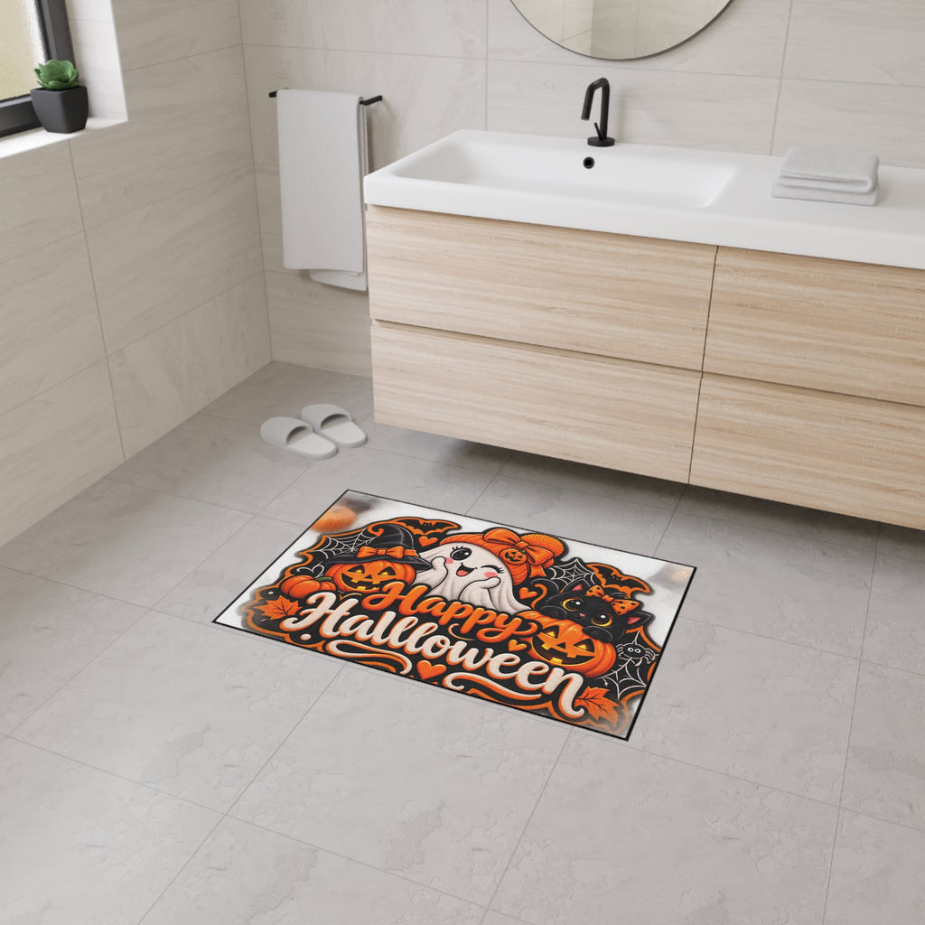 Halloween Doormat - Happy Halloween Cute Ghost & Black Cat Heavy Duty Floor Mat