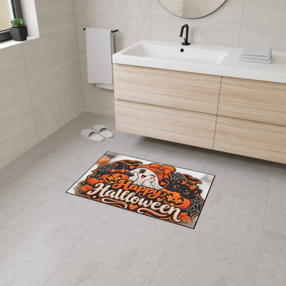 Halloween Doormat - Happy Halloween Cute Ghost & Black Cat Heavy Duty Floor Mat