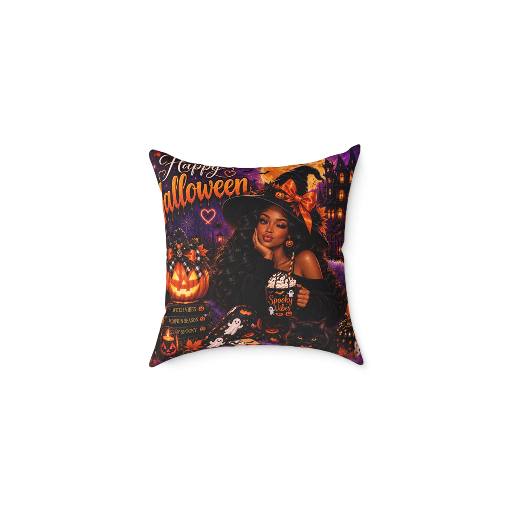 Halloween Pumpkin Pillow - "Happy Halloween" Square Decorative Throw Pillow