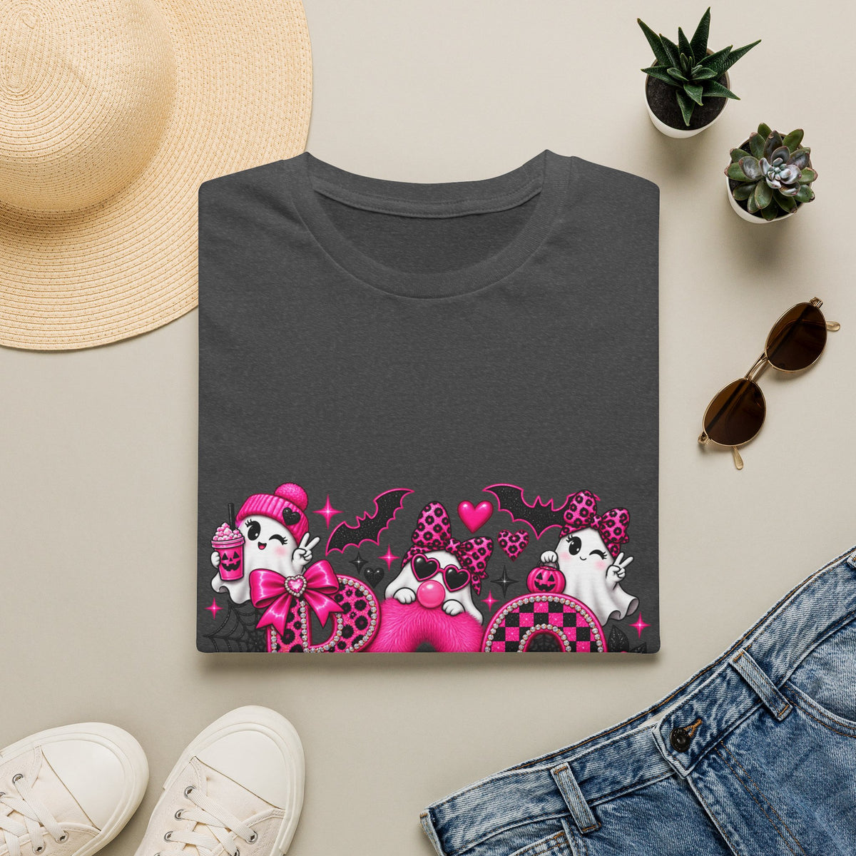 Boo! Pink Gothic Halloween T-Shirt — Cute Ghosts, Bats & Hearts Design