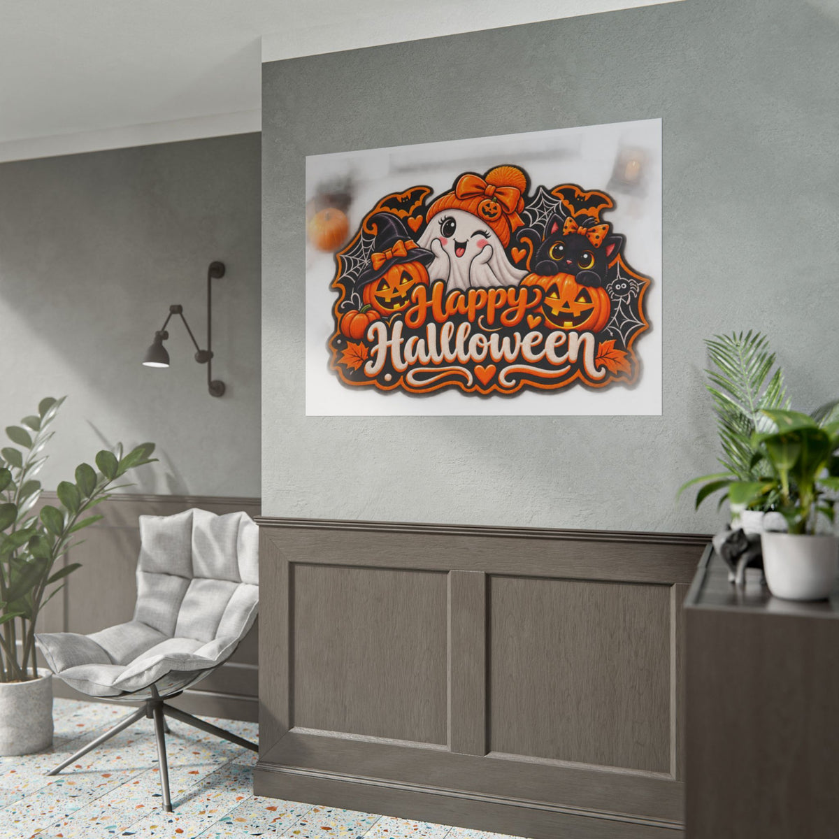 Happy Halloween Rolled Poster — Cute Ghost, Pumpkins & Black Cat Halloween Wall Art