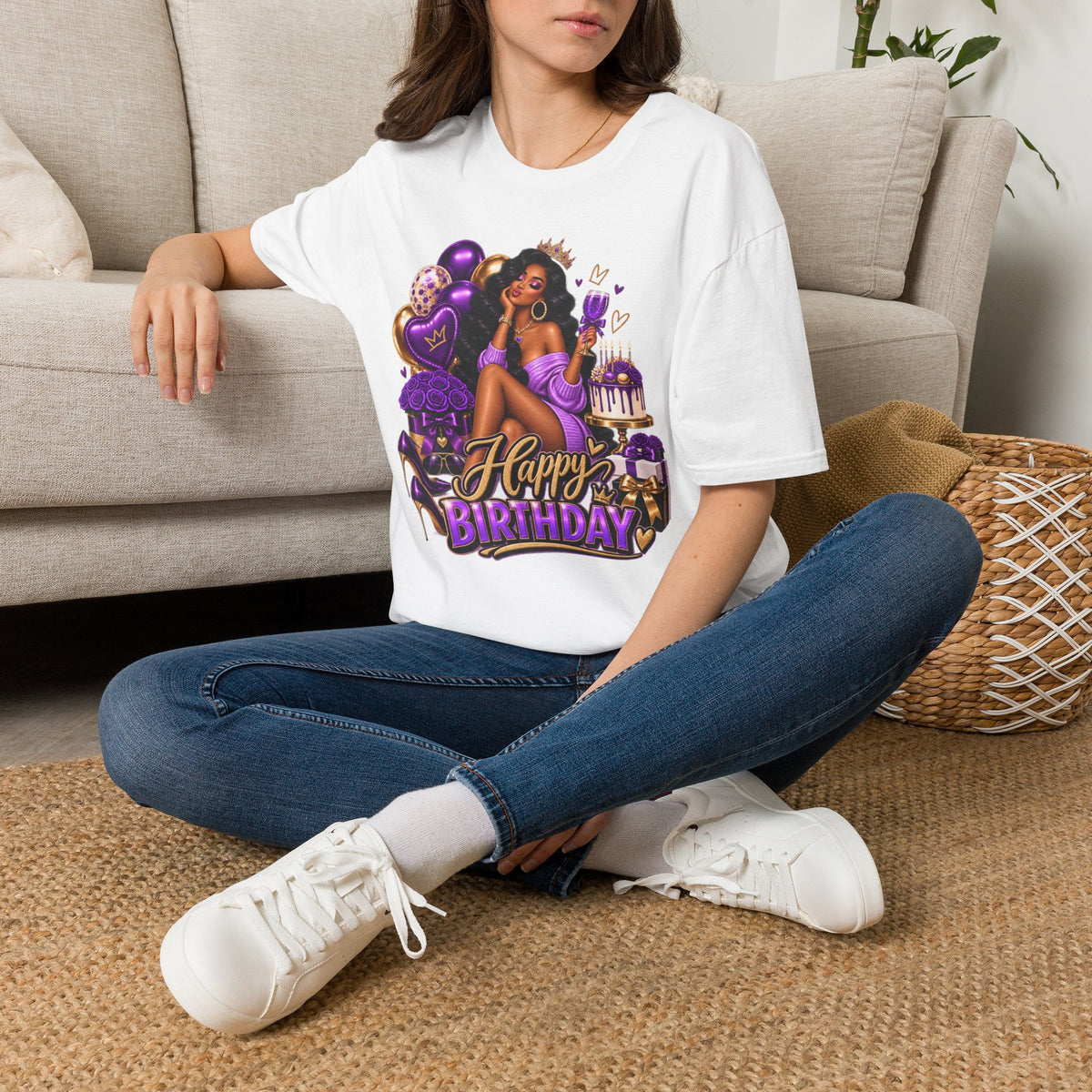 Birthday Queen T-Shirt — Black Woman with Crown, Purple Balloons & Cake