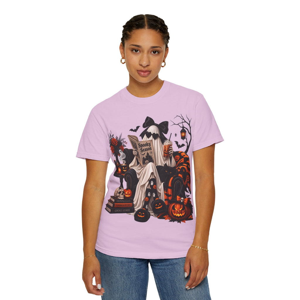 Halloween Ghost Reading T-Shirt — Spooky Pumpkin & 'Spooky Season' Graphic