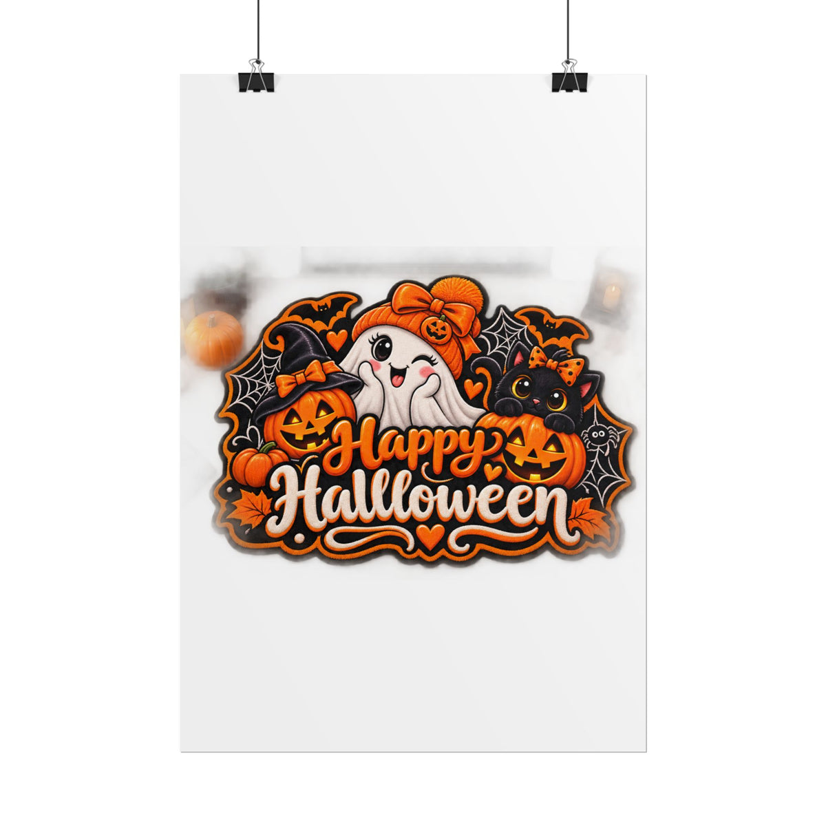 Happy Halloween Rolled Poster — Cute Ghost, Pumpkins & Black Cat Halloween Wall Art