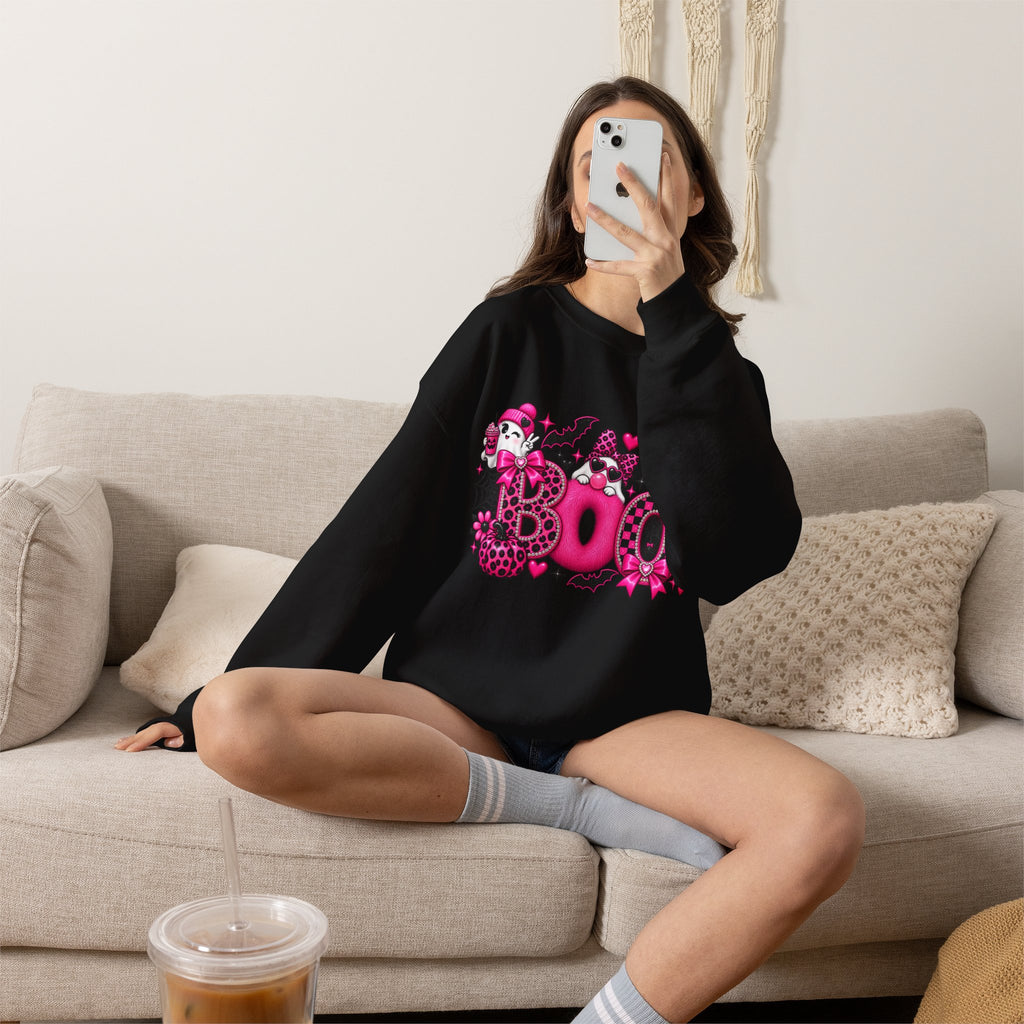 Halloween 'Boo' Graphic Sweatshirt — Cute Pink Ghosts & Bats Cozy Pullover