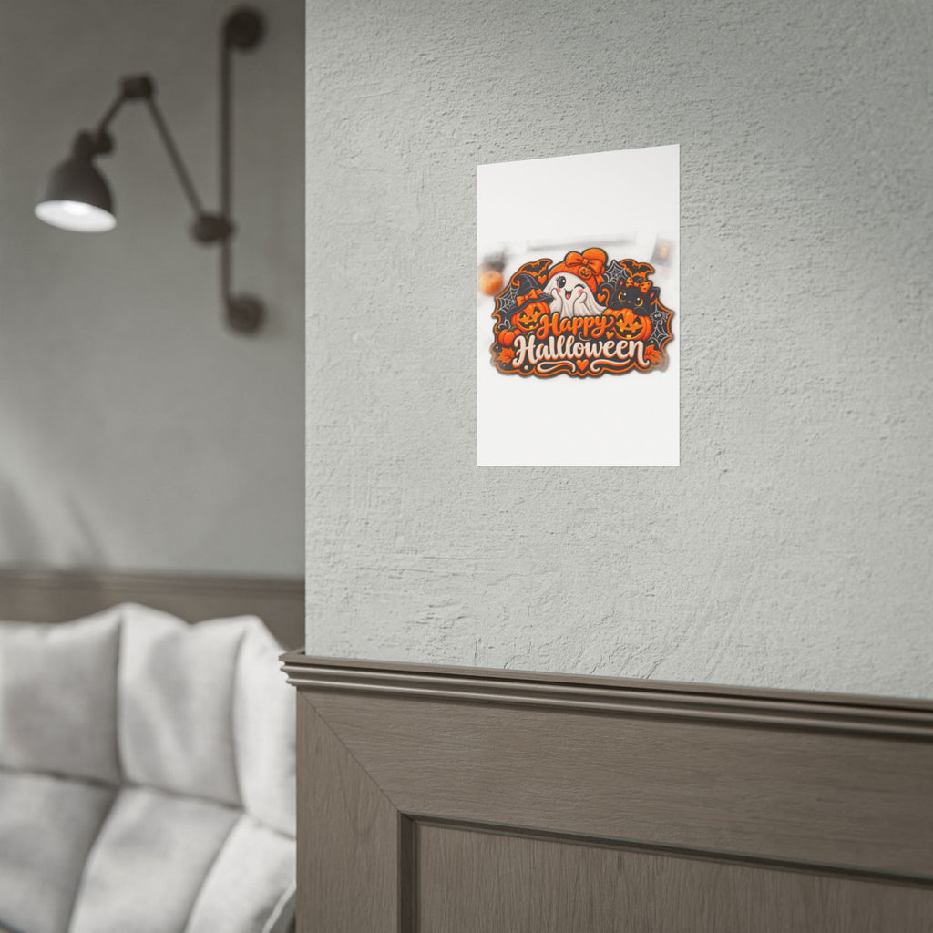 Happy Halloween Rolled Poster — Cute Ghost, Pumpkins & Black Cat Halloween Wall Art
