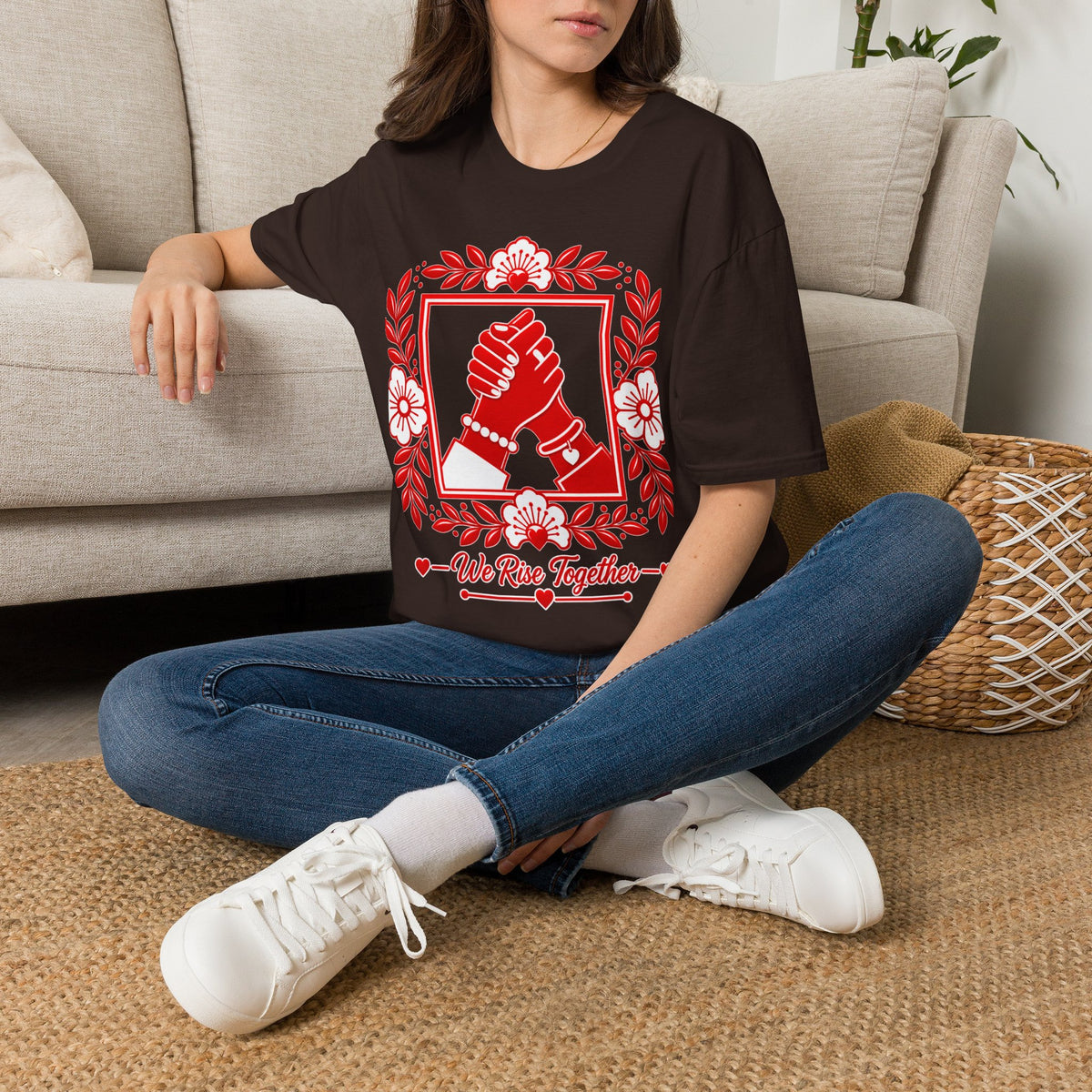 We Rise Together T-Shirt — Red Floral Unity Design