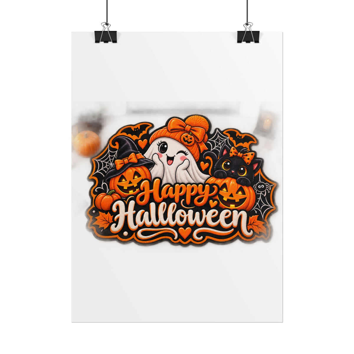 Happy Halloween Rolled Poster — Cute Ghost, Pumpkins & Black Cat Halloween Wall Art