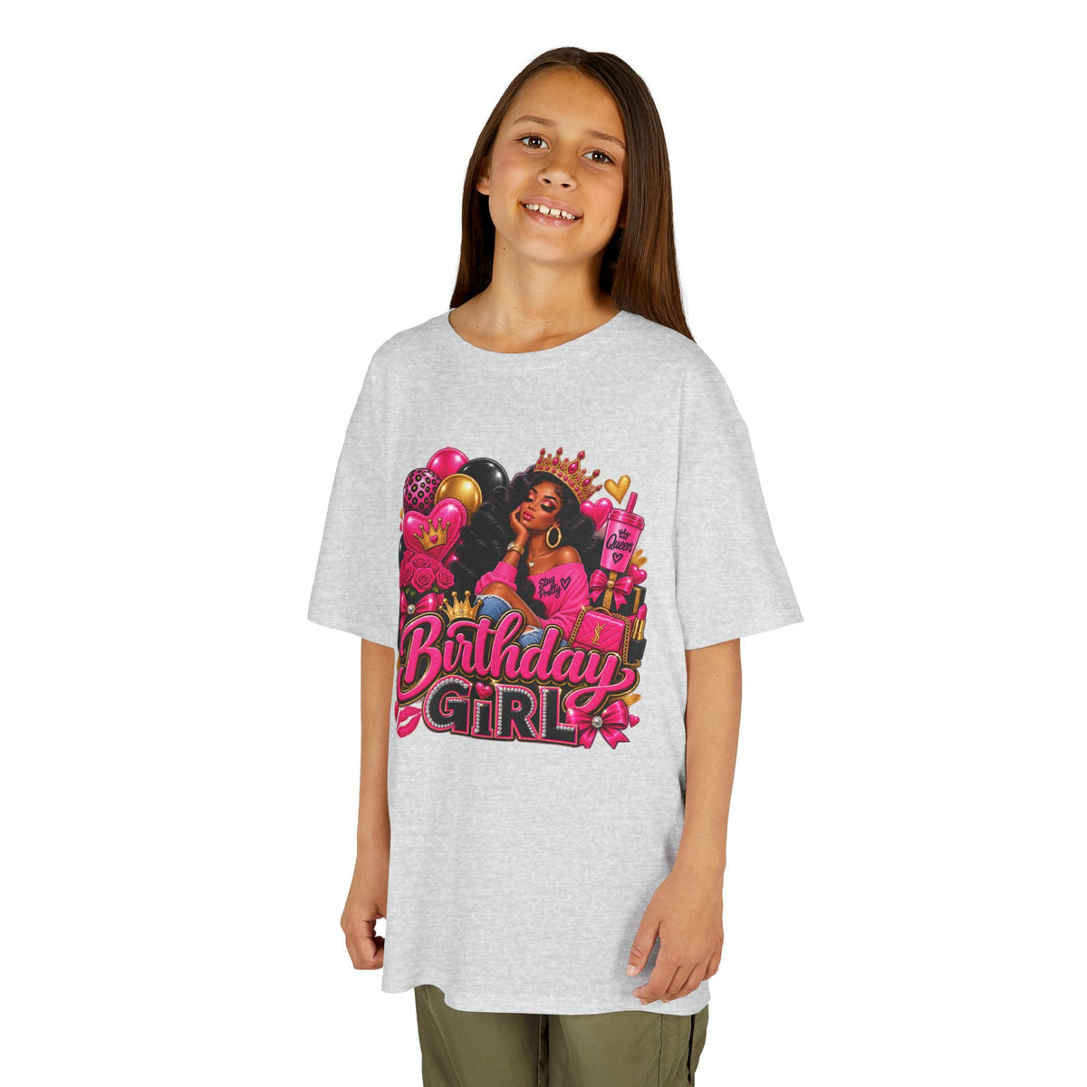 Birthday Girl Kids Tee — Pink Balloons & Crown Birthday Shirt