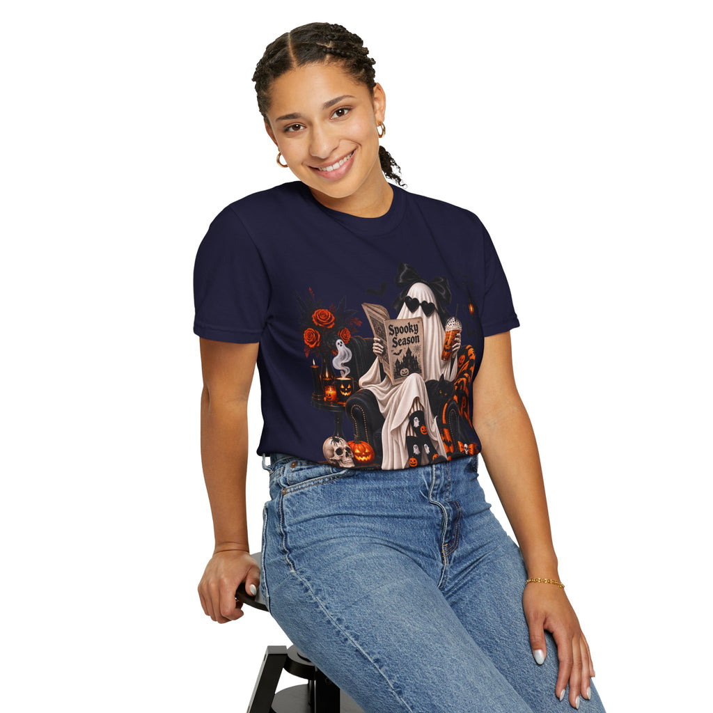 Halloween Ghost Reading T-Shirt — Spooky Pumpkin & 'Spooky Season' Graphic