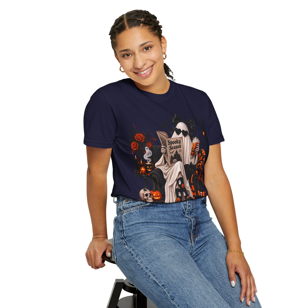 Halloween Ghost Reading T-Shirt — Spooky Pumpkin & 'Spooky Season' Graphic