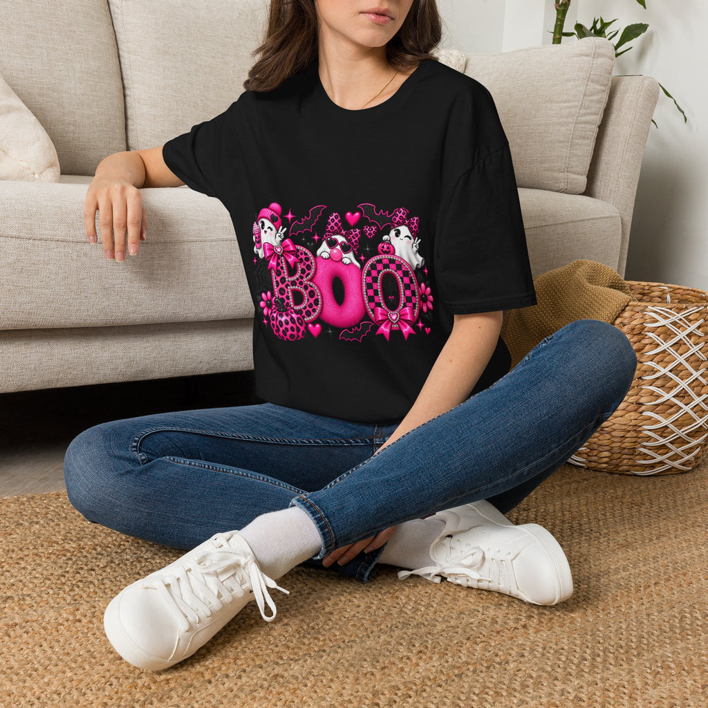 Boo! Pink Gothic Halloween T-Shirt — Cute Ghosts, Bats & Hearts Design