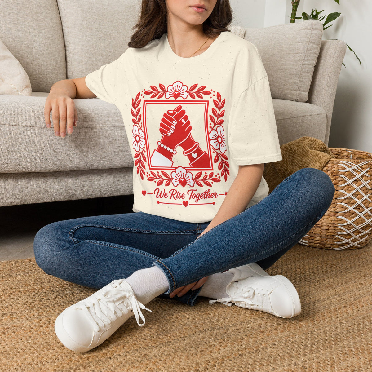 We Rise Together T-Shirt — Red Floral Unity Design