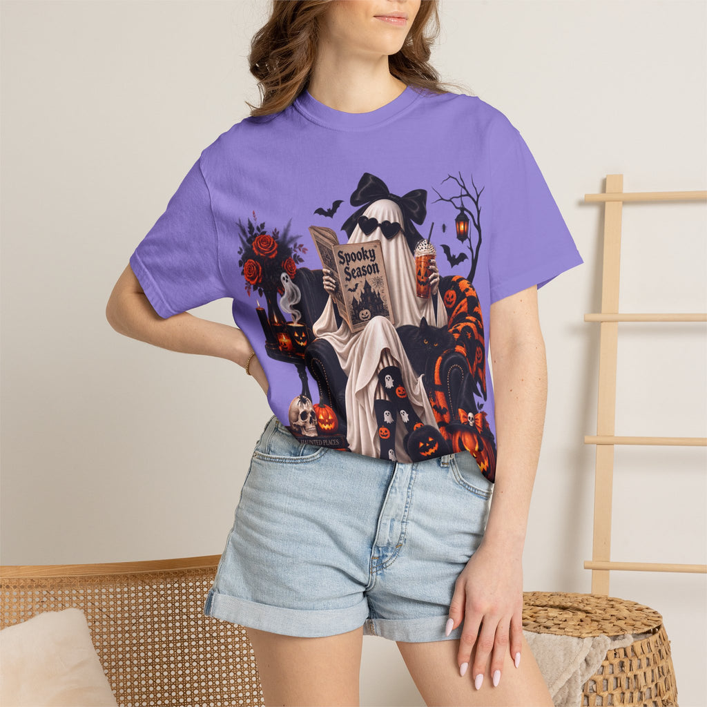 Halloween Ghost Reading T-Shirt — Spooky Pumpkin & 'Spooky Season' Graphic