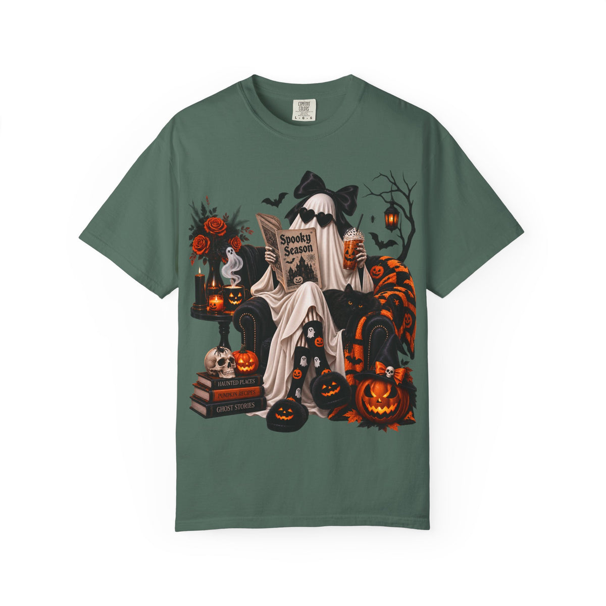 Halloween Ghost Reading T-Shirt — Spooky Pumpkin & 'Spooky Season' Graphic