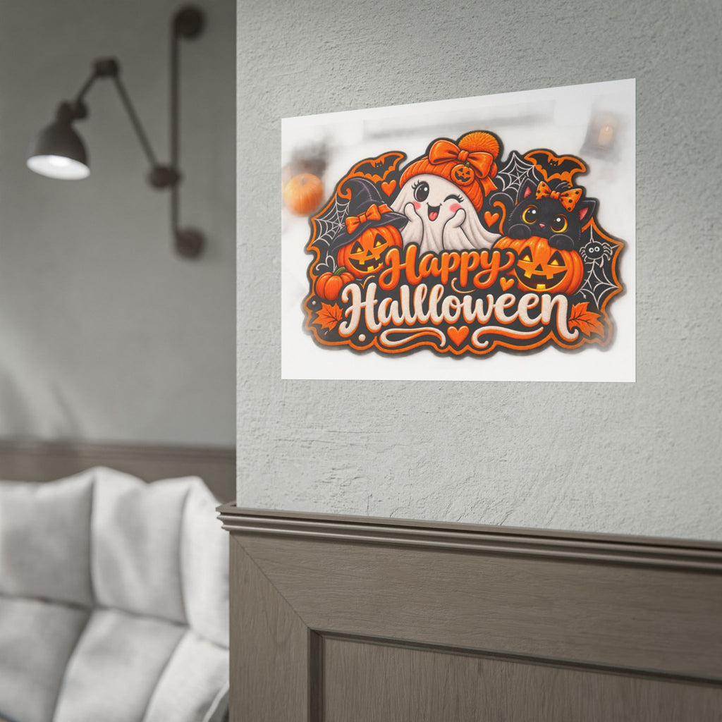 Happy Halloween Rolled Poster — Cute Ghost, Pumpkins & Black Cat Halloween Wall Art
