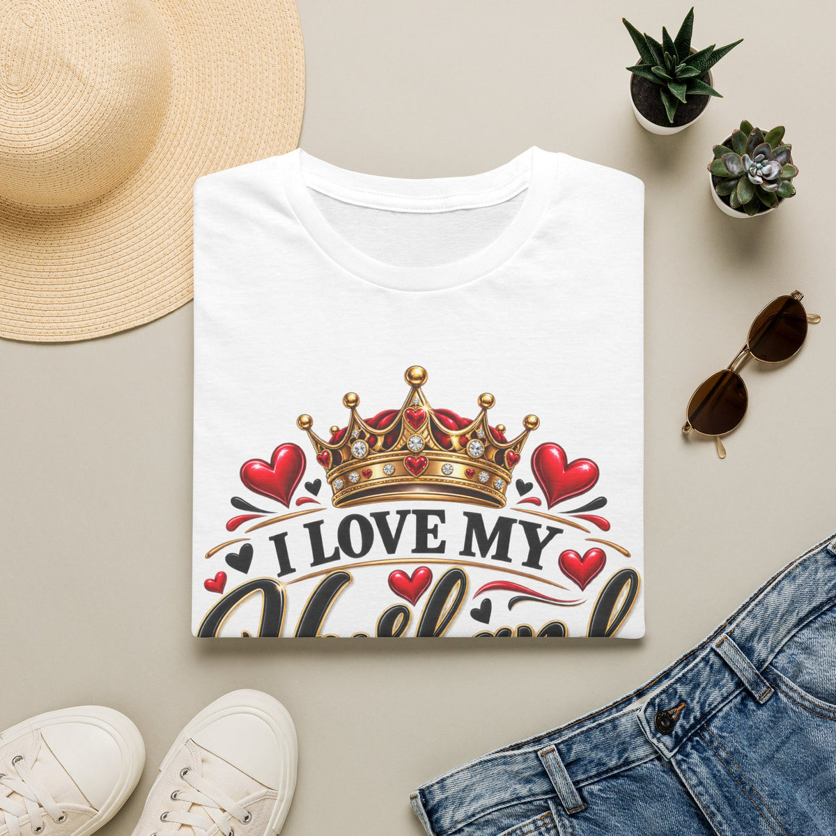 I Love My Husband T‑Shirt — Crown & Hearts Romantic Gift for Wife (My King, My Heart)