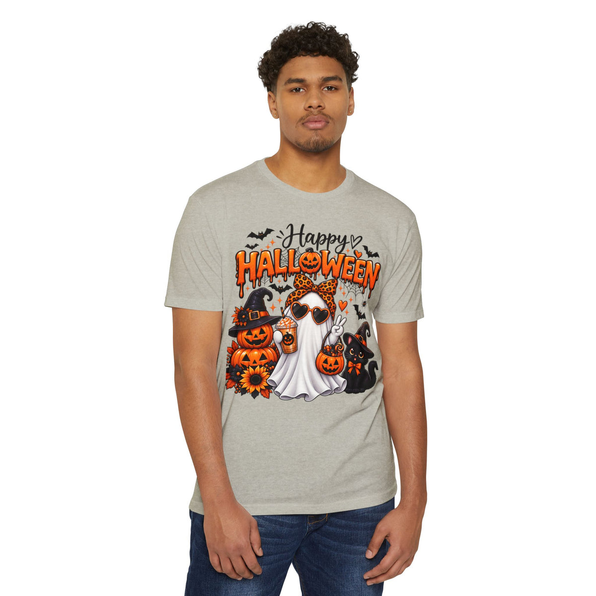 Halloween Ghost Tee - "Happy Halloween" Cute Pumpkin & Black Cat Graphic T-Shirt