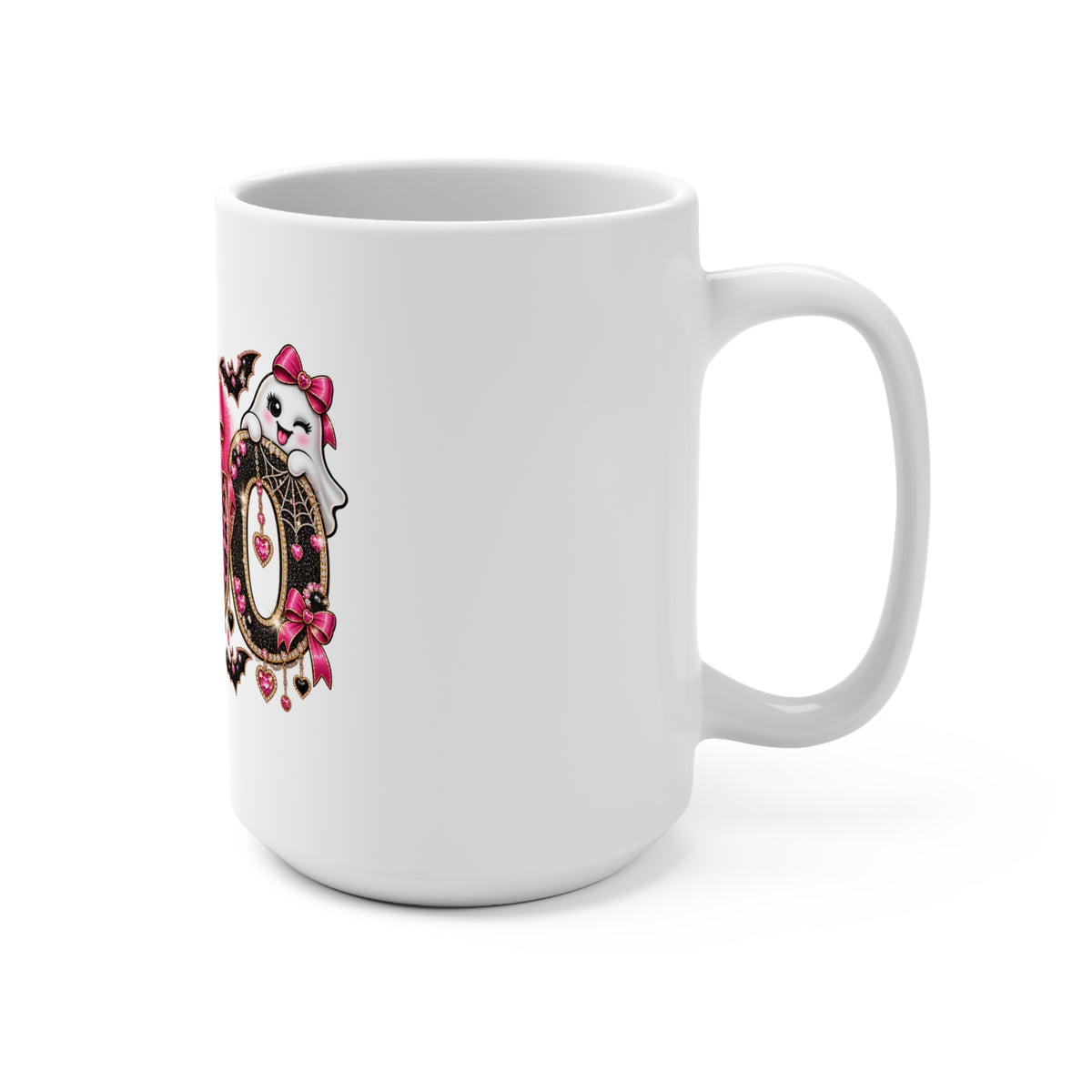 Halloween “Boo” Pink Leopard Ghost Mug — 15oz Cute Goth Coffee Cup