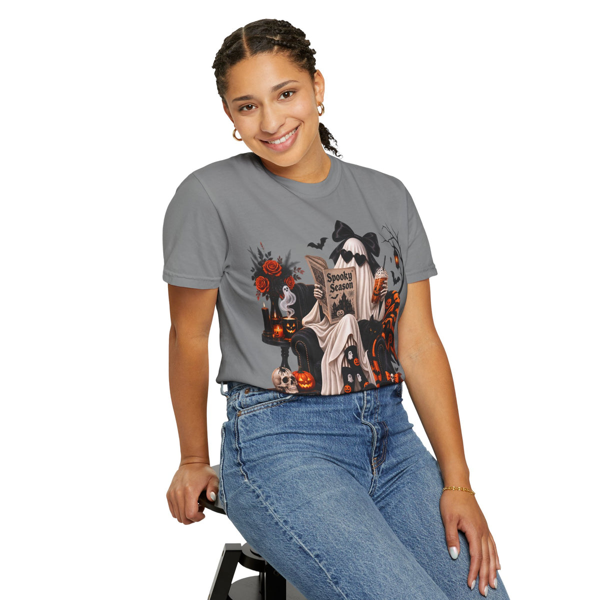 Halloween Ghost Reading T-Shirt — Spooky Pumpkin & 'Spooky Season' Graphic