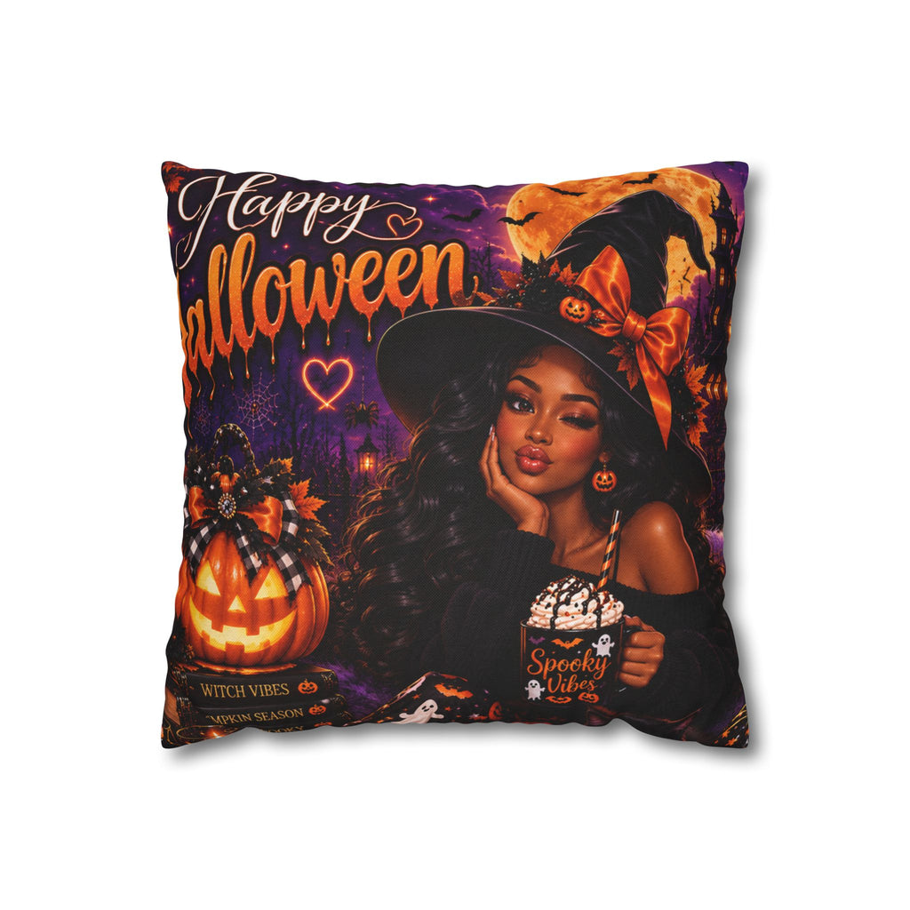 Halloween Witch Pillowcase — "Happy Halloween" Black Girl Witch Decorative Throw Pillow Cover