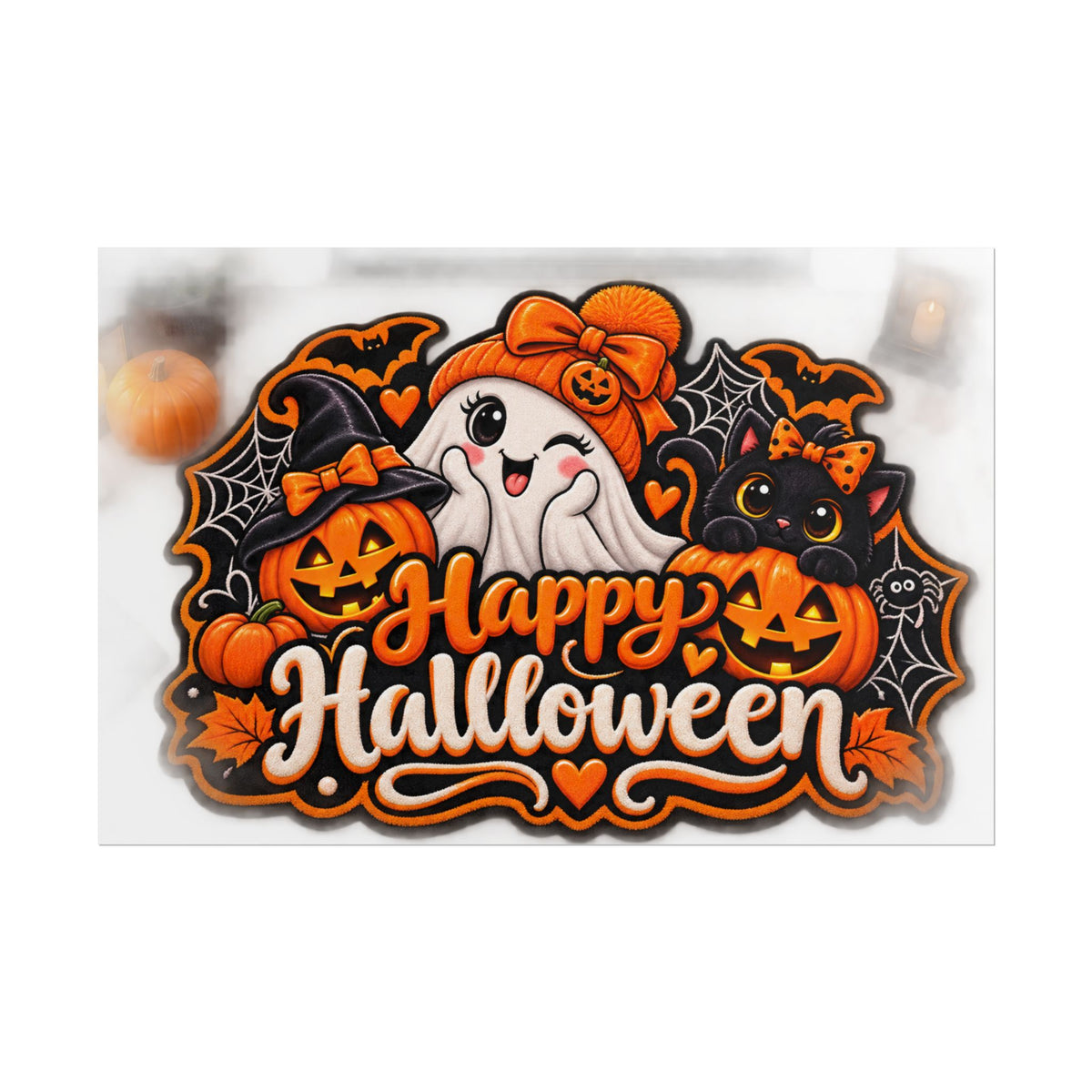 Happy Halloween Rolled Poster — Cute Ghost, Pumpkins & Black Cat Halloween Wall Art