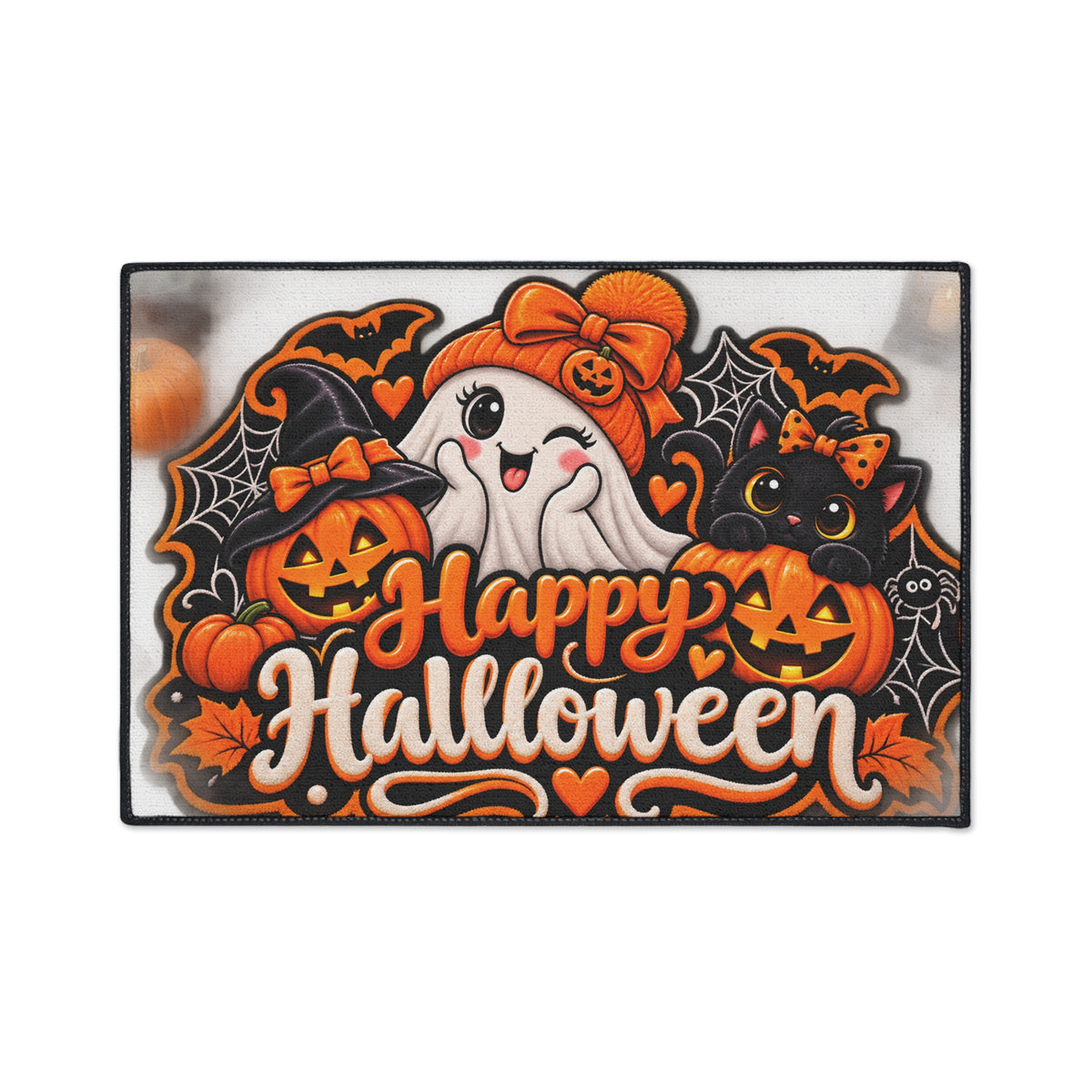 Halloween Doormat - Happy Halloween Cute Ghost & Black Cat Heavy Duty Floor Mat