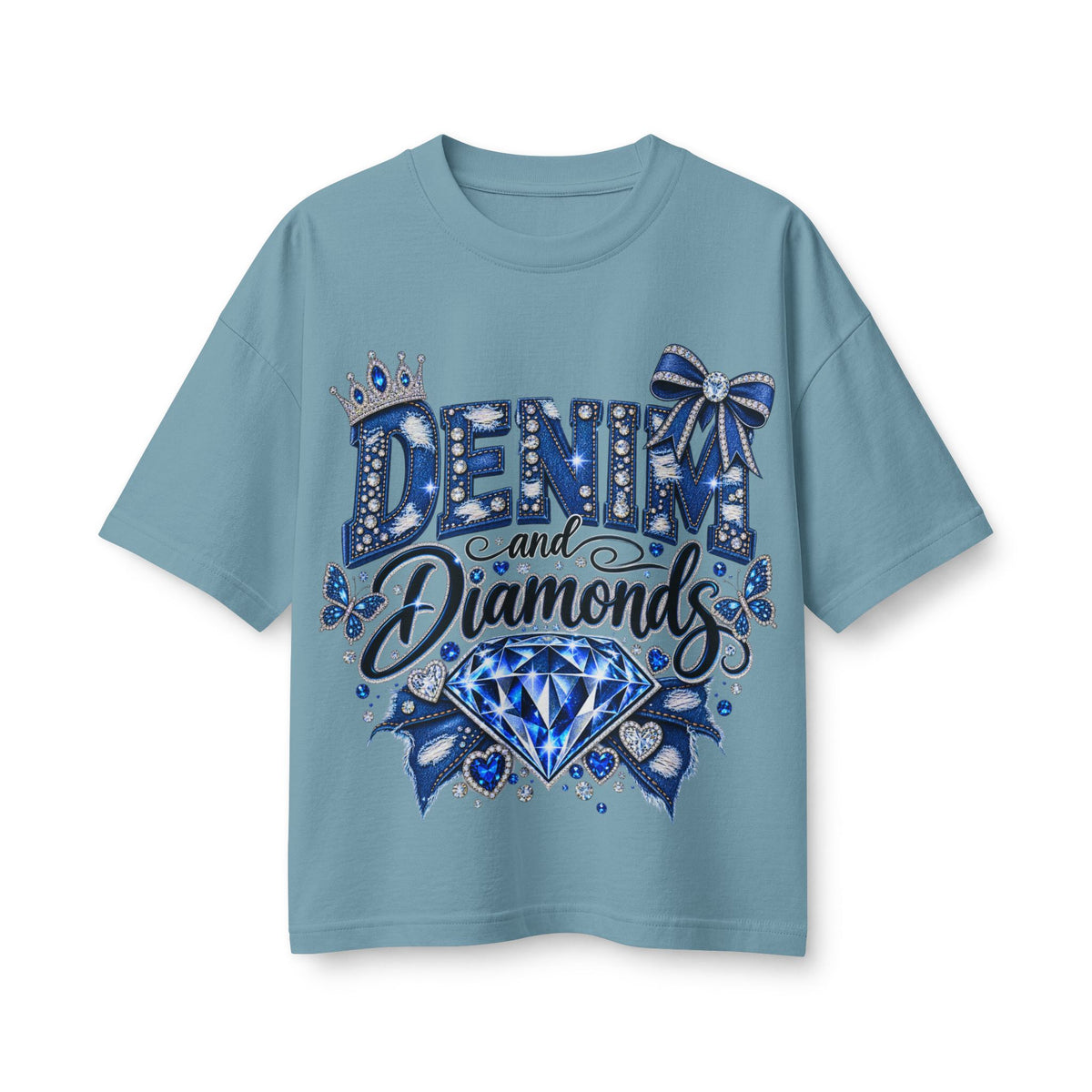 Denim and Diamonds T-Shirt — Blue Gem Graphic Tee for Women