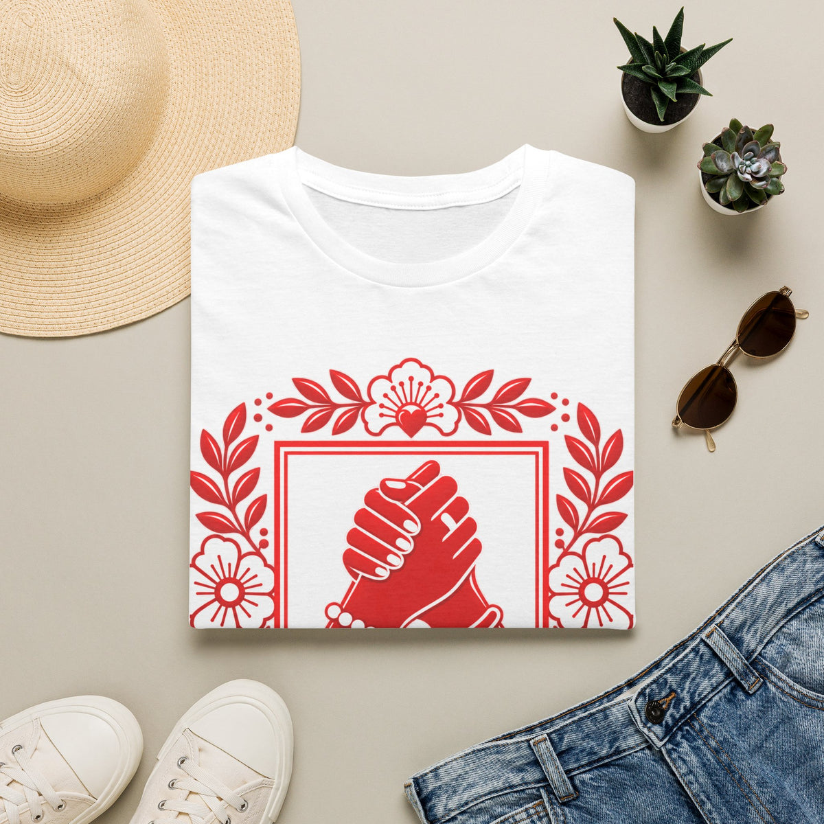 We Rise Together T-Shirt — Red Floral Unity Design