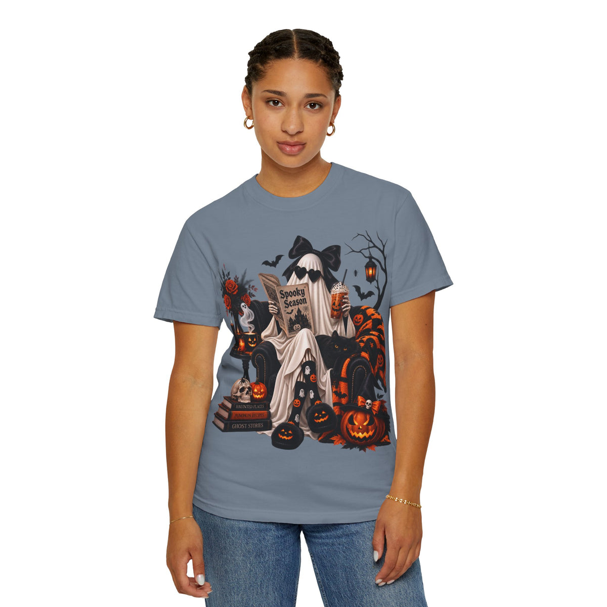 Halloween Ghost Reading T-Shirt — Spooky Pumpkin & 'Spooky Season' Graphic