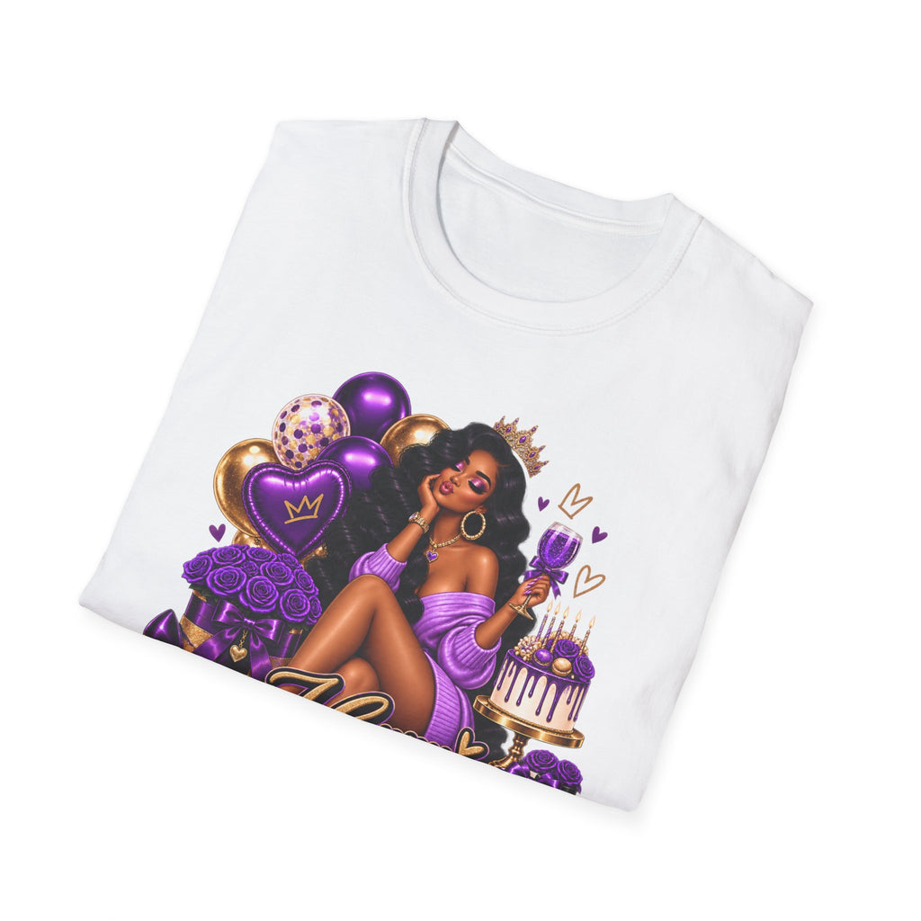 Birthday Queen T-Shirt — Black Woman with Crown, Purple Balloons & Cake