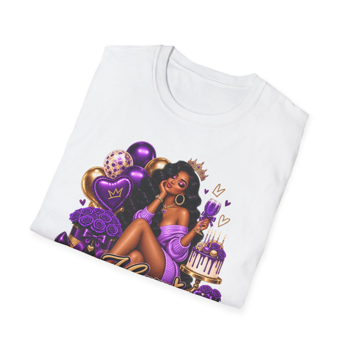 Birthday Queen T-Shirt — Black Woman with Crown, Purple Balloons & Cake