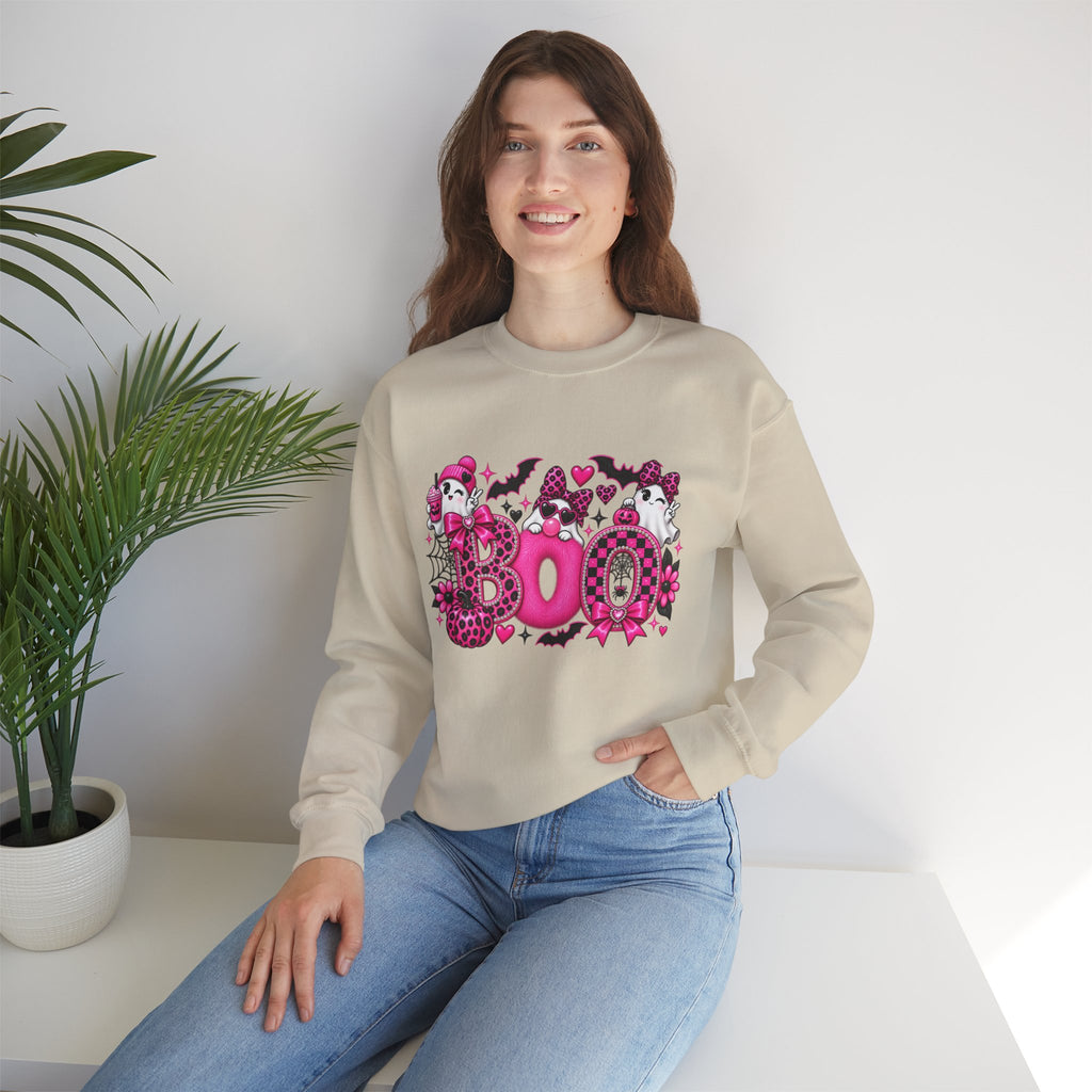 Halloween 'Boo' Graphic Sweatshirt — Cute Pink Ghosts & Bats Cozy Pullover
