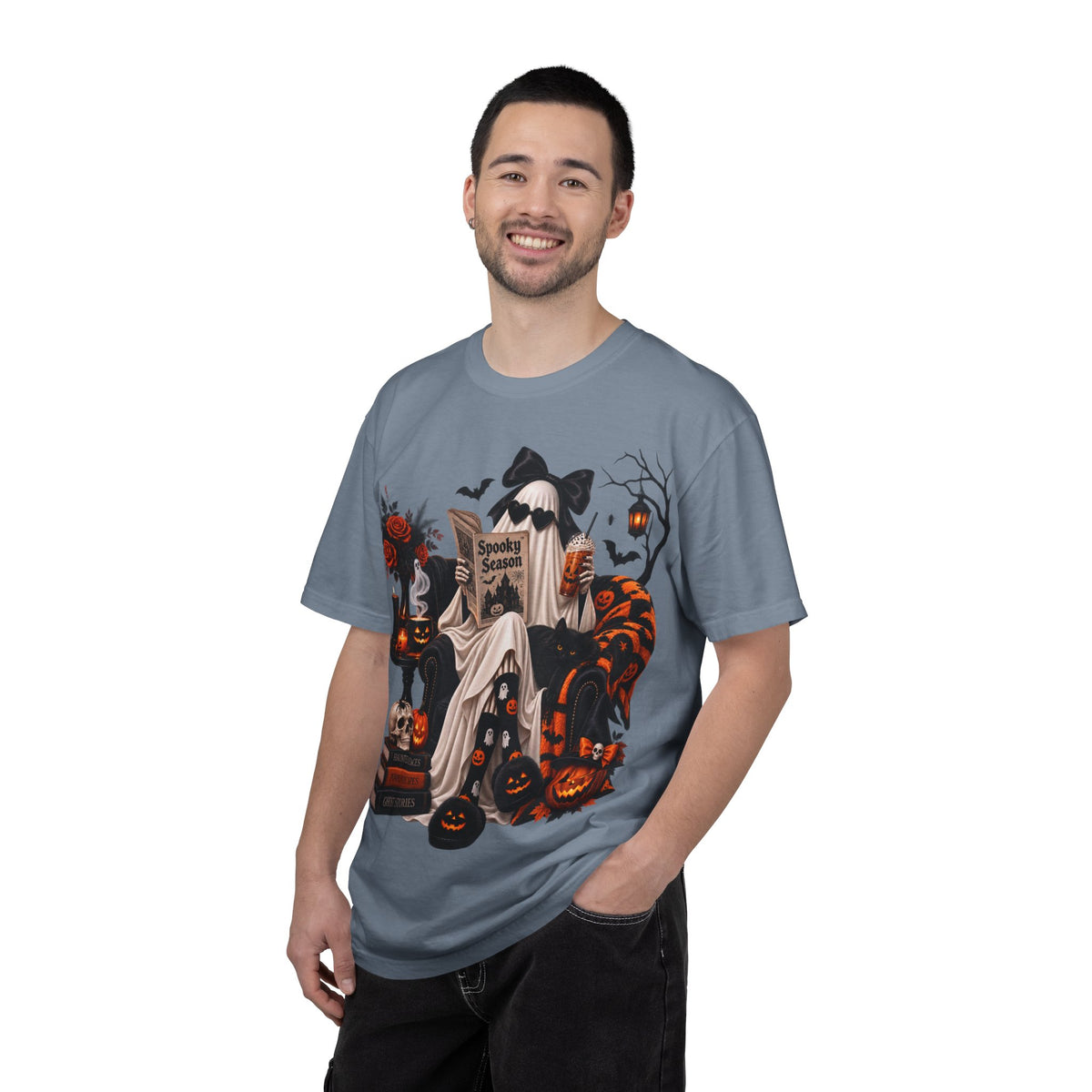 Halloween Ghost Reading T-Shirt — Spooky Pumpkin & 'Spooky Season' Graphic