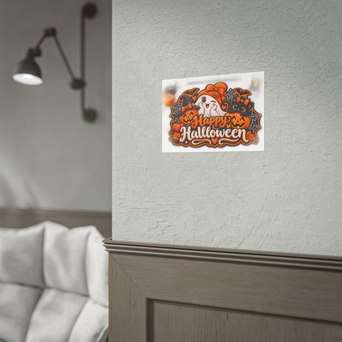 Happy Halloween Rolled Poster — Cute Ghost, Pumpkins & Black Cat Halloween Wall Art