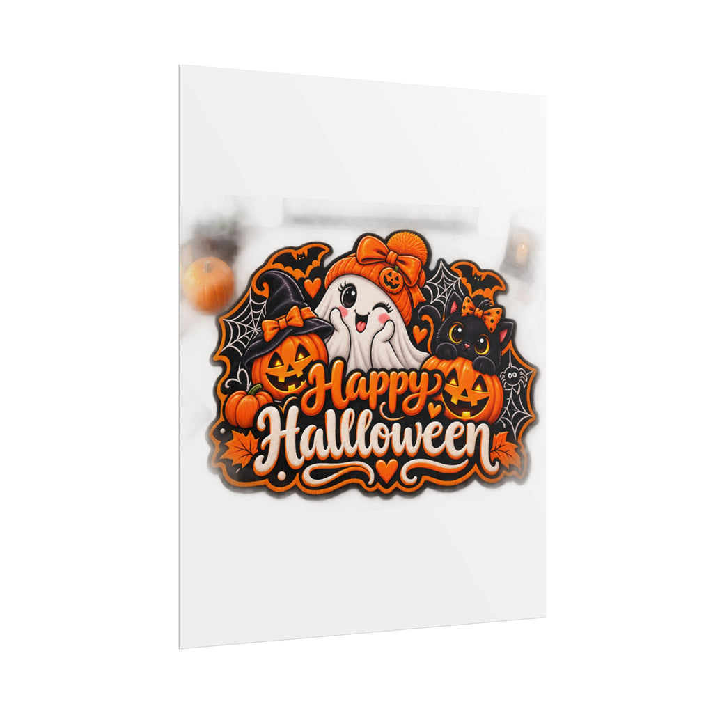 Happy Halloween Rolled Poster — Cute Ghost, Pumpkins & Black Cat Halloween Wall Art
