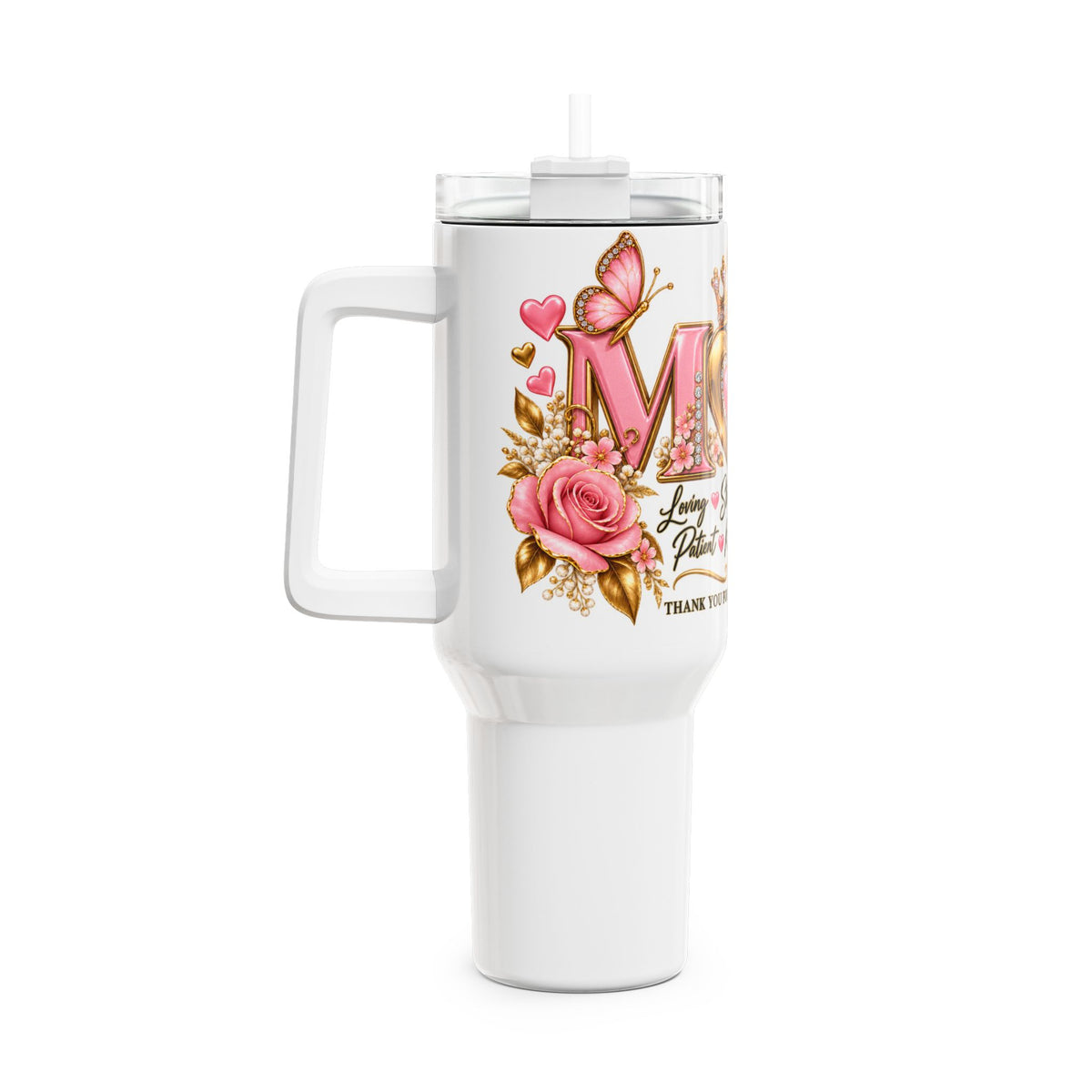 Mom 40oz Tumbler – Pink Floral Crowned Heart Travel Mug, 'Thank You For Always Being You' Gift