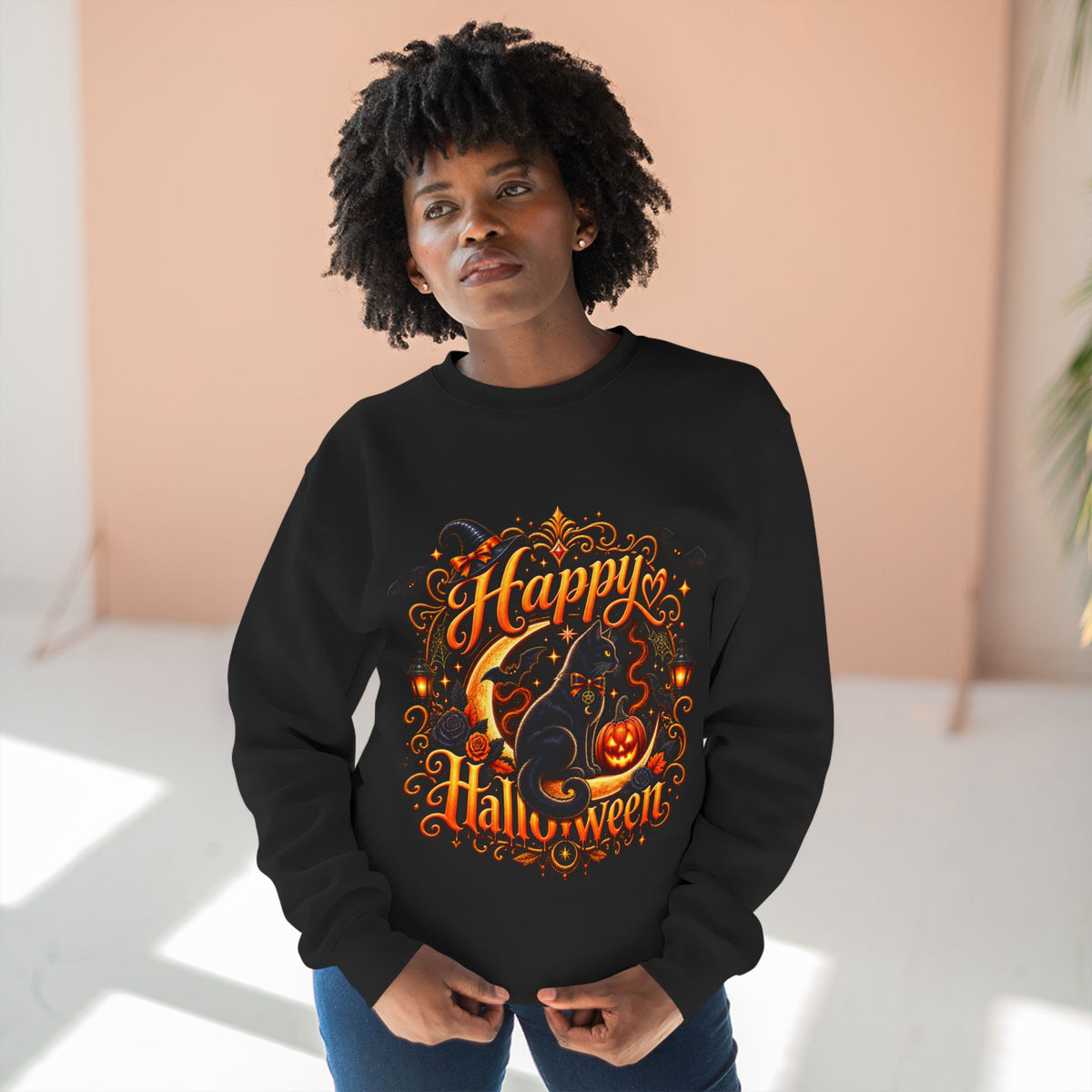 Happy Halloween Crewneck Sweatshirt — Festive Pumpkin & Witch Hat Holiday Sweater