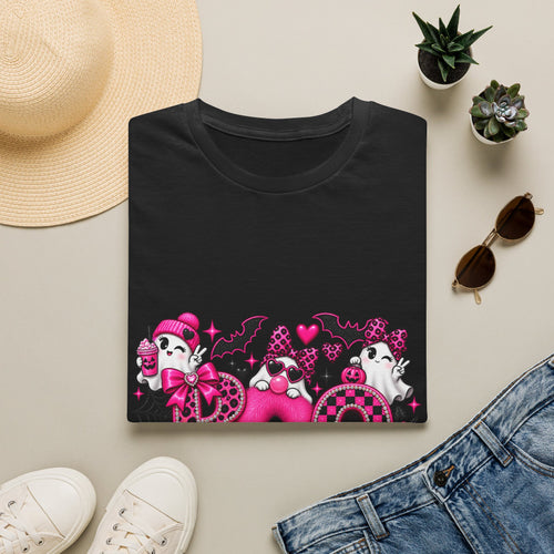 Boo! Pink Gothic Halloween T-Shirt — Cute Ghosts, Bats & Hearts Design