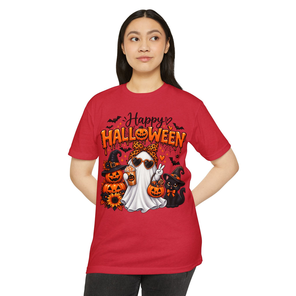 Halloween Ghost Tee - "Happy Halloween" Cute Pumpkin & Black Cat Graphic T-Shirt