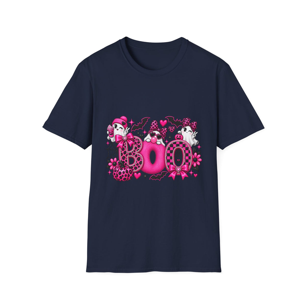 Boo! Pink Gothic Halloween T-Shirt — Cute Ghosts, Bats & Hearts Design