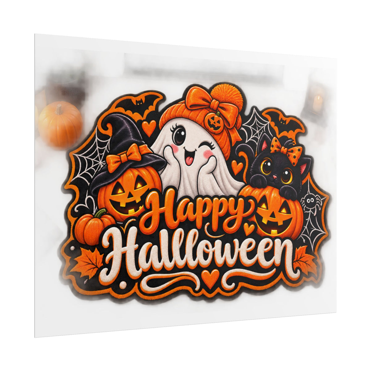 Happy Halloween Rolled Poster — Cute Ghost, Pumpkins & Black Cat Halloween Wall Art