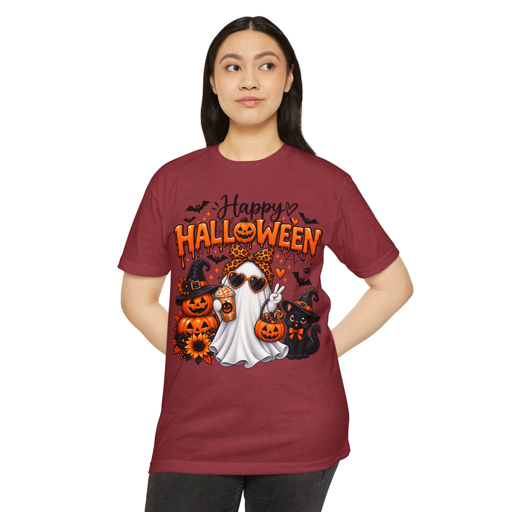 Halloween Ghost Tee - "Happy Halloween" Cute Pumpkin & Black Cat Graphic T-Shirt