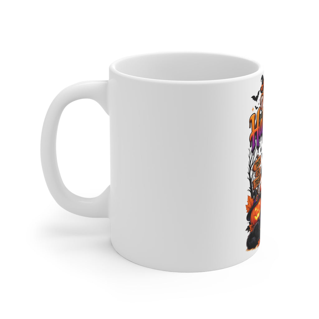 Happy Halloween Ghost Mug — Cute Trick-or-Treat Pumpkin & Black Cat Coffee Cup (11 oz)