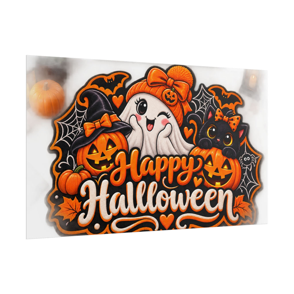 Happy Halloween Rolled Poster — Cute Ghost, Pumpkins & Black Cat Halloween Wall Art