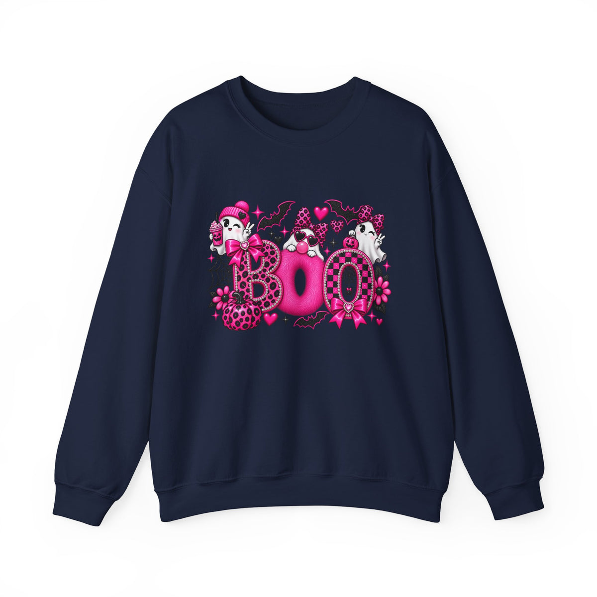 Halloween 'Boo' Graphic Sweatshirt — Cute Pink Ghosts & Bats Cozy Pullover