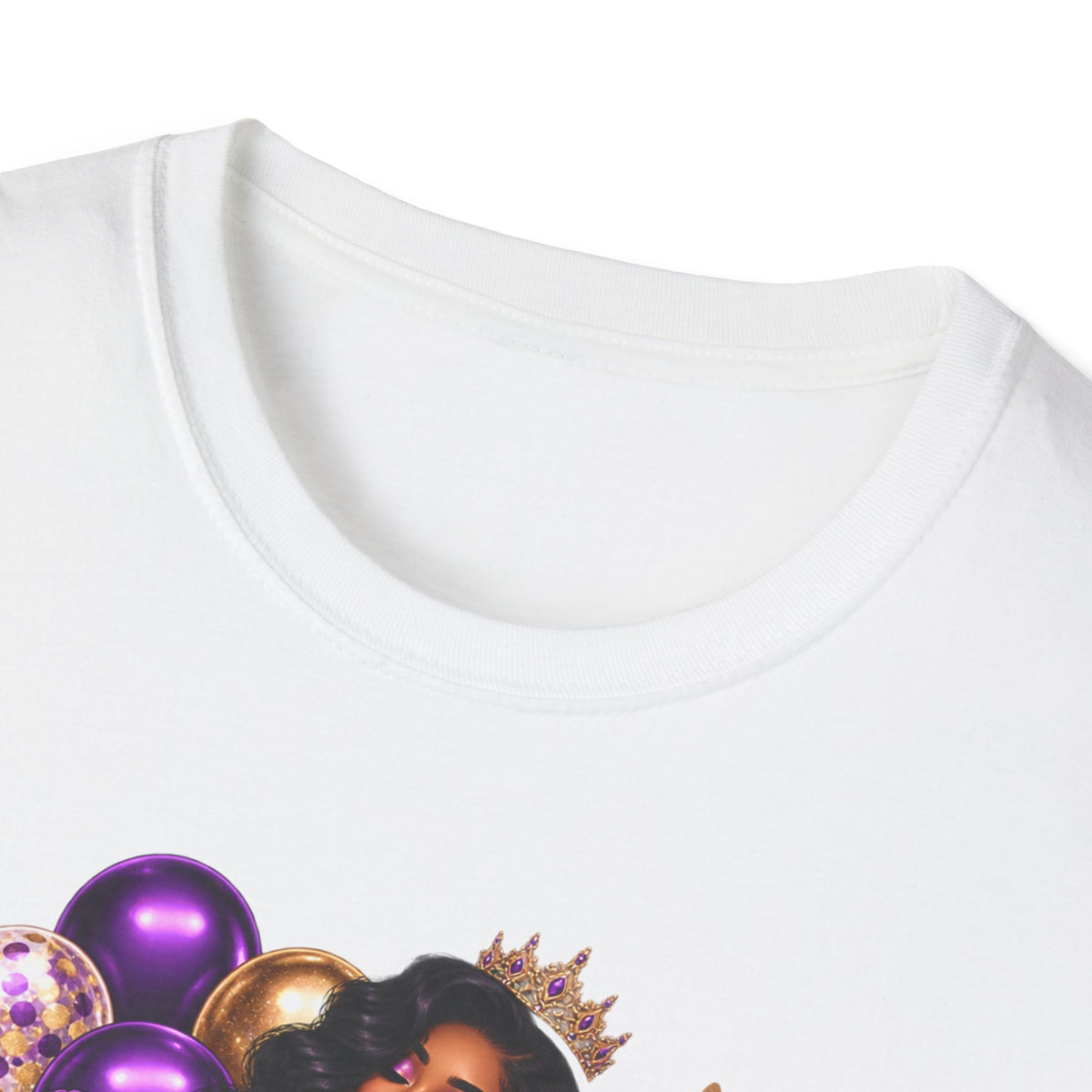 Birthday Queen T-Shirt — Black Woman with Crown, Purple Balloons & Cake