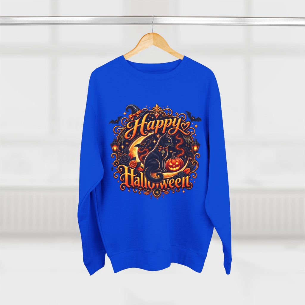 Happy Halloween Crewneck Sweatshirt — Festive Pumpkin & Witch Hat Holiday Sweater