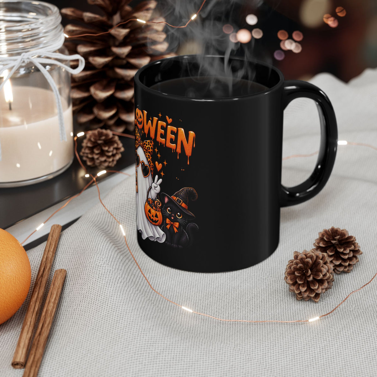 Halloween Ghost & Pumpkins Black Mug – Cute Spooky Coffee Cup (11oz/15oz)